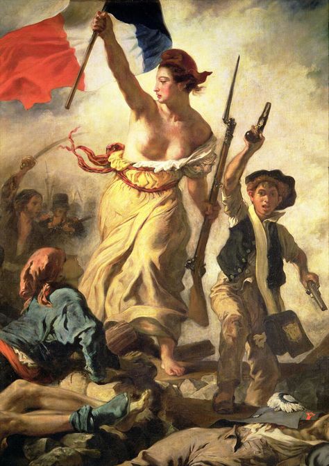 Detail, "Liberty Leading the People", Delacroix, 1830, oil on canvas, 260 x 325cm, Louvre. Liberty leads the charge, grasping the tricolour in one hand and a rifle in the other. She's flanked by a pistol-wielding boy as they push across the Seine to City Hall. Delacroix Paintings, Liberty Leading The People, Revolution Art, Eugène Delacroix, Louvre Paris, Louvre Museum, French Revolution, Old Paintings, Victor Hugo