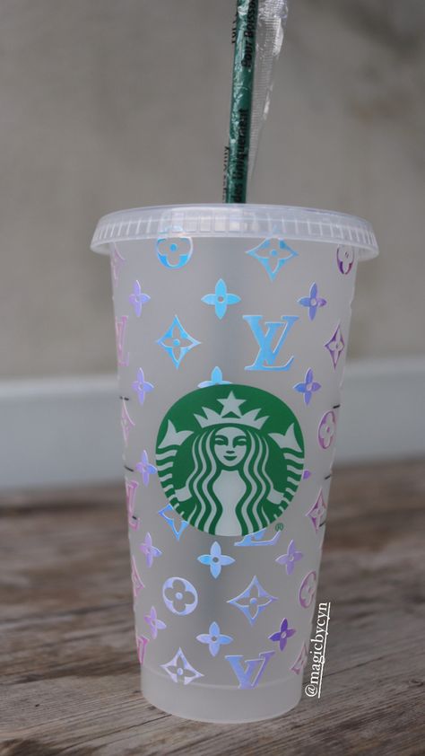 Custom LV inspired Starbucks tumbler Louis Vuitton Inspired, Starbucks Cold Cups, Starbucks Coffee Cups, Lv Inspired, Buford Georgia, Starbucks Cup Art, Cups Ideas, Bottle Gift Tags, Monogram Cups