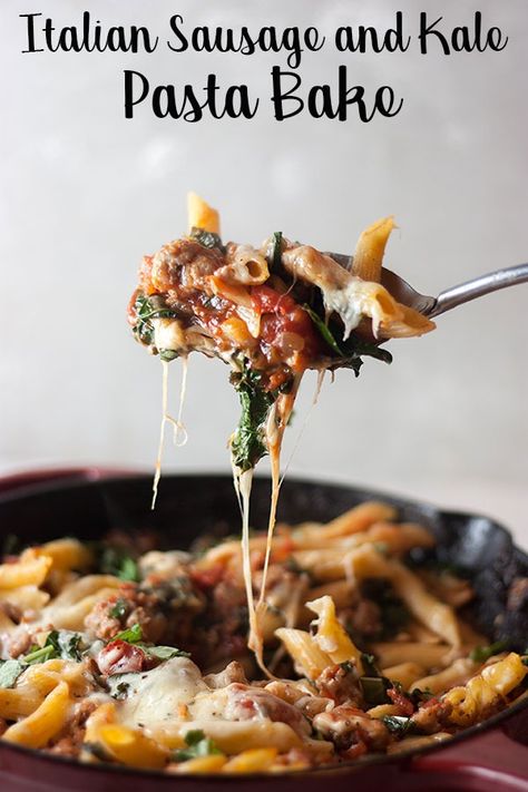 This Italian sausage and kale pasta bake is the perfect dinner for two! A cheesy pasta skillet bake sized just right for two, loaded with Italian sausage and kale is on the table in just 35 minutes! This delicious dinner for two is simple to make and clean up is a breeze. #dinnerfortwo #weeknightmeal via @homecookskitchn Supper Ideas For Two, Sausage And Kale Pasta, Sausage Kale Pasta, Creamy Cheesy Pasta, Sausage And Kale, Pasta Skillet, Spinach Bake, Kale Pasta, Pavlova Recipe