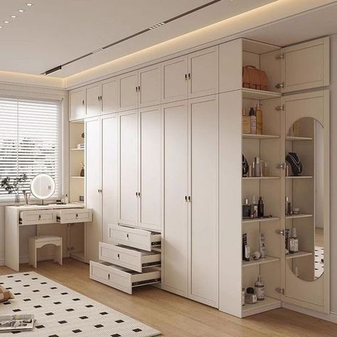 Clothes Cabinet Bedroom, Dressing Table Wardrobe, Wardrobe With Dressing, Dressing Table Modern, Wall Wardrobe Design, Clothes Cabinet, Beautiful Wardrobe, Closet Design Layout, Closet Systems