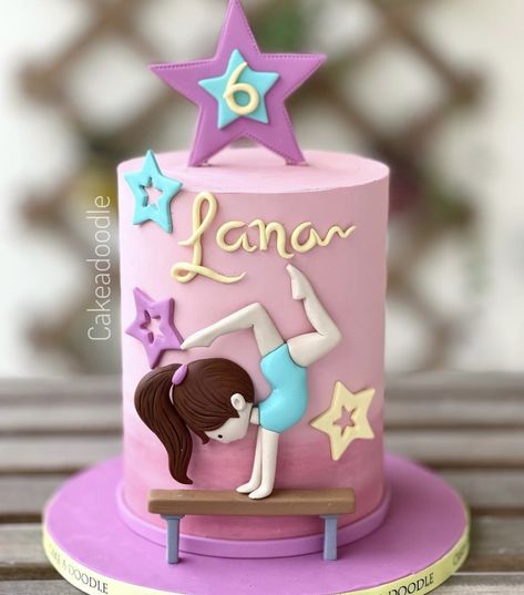 Gymnastics Themed Birthday Cake, Gymnastic Party Ideas, Gymnastic Cake, Pink Birthday Cake Ideas, Barbie Backdrop, Gymnastics Theme Birthday Party, Gymnastics Birthday Cakes, Barbie Themed Cake, Gymnastics Cake