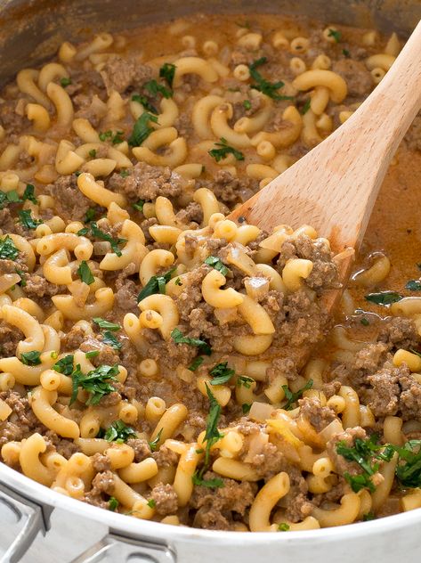 This homemade Hamburger Helper recipe is sure to give you a blast from the past! Better than the store-bought box version you remember from childhood, this delicious and comforting Hamburger Helper recipe can be ready in 30 minutes or less. #hamburgerhelper #beef #homemade #weeknightdinner The Cozy Cook, Cozy Cook, Hamburger Helper Recipes, One Pot Spaghetti, Homemade Hamburger, Beef Pasta, Homemade Hamburgers, Hamburger Helper, Small Pasta