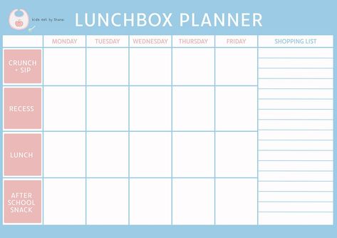 School Lunchbox Planner | Kids Eat by Shanai Lunchbox Planner Printable, Lunch Planner Printable, Lunchbox Planner, Lunchbox Hacks, Lunch Box Hacks, Lunch Planner, Kids Schedule, Fussy Eaters, School Lunch Box