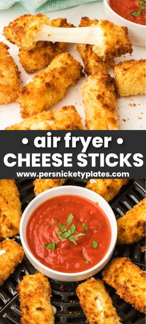 Easy air fryer mozzarella sticks are a cheesy, gooey appetizer or snack made with just six everyday ingredients. A homemade cheese stick that is breaded and air fried to crispy, crunchy perfection and filled with melty cheese. Perfect for dipping in marinara or ranch. Home Made Cheese Sticks Air Fryer, Airfryer Cheese Sticks, Motzerella Sticks Recipe Air Fryer, Air Fried Cheese Sticks, Homade Mozzarella Sticks, Fried Mozzarella Sticks Air Fryer, Mozerella Stick Recipes Air Fryer, Mozerella Stick Air Fryer, Homemade Cheese Sticks In Air Fryer