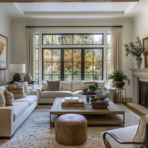 The high ceilings and neutral palette lend an airy feel to the serene living space Two Story Living Room Design, Living Room With Window Wall, Floor To Ceiling Windows Living Room, Timeless Living Room Interior Design, Fireplace Windows, Ceiling Window, Timeless Living Room, Lots Of Windows, Huge Windows