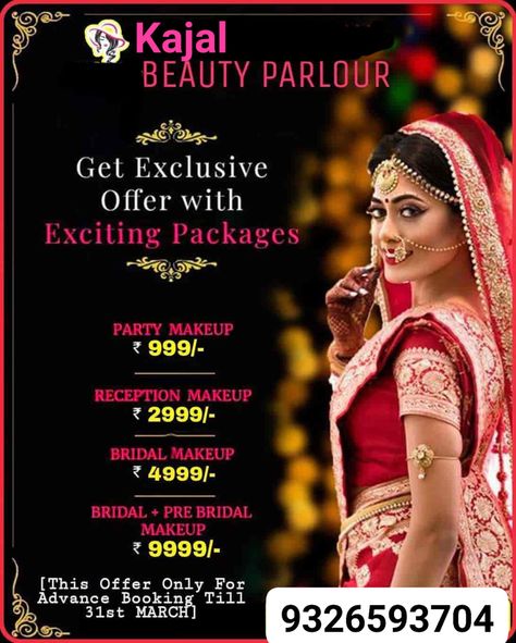 Best Party Makeup Services Mumbai 999/- Only. Reception Makeup Mumbai 2999/- Only. Bridal Makeup Mumbai 4999/- Only
Bridal + Pre Bridal Makeup 9999/- in Mumbai Only Call 9326593704. This Offer only till 31st March. Kajal Kawale is one of the best Makeup Artist Mumbai / NaviMumbai. She runs a Salon in Navimumbai and provides Home Salon Services Mumbai / NaviMumbai only for Females Parlour Ideas, Makeup Banner, Pre Bridal Makeup, Freelance Makeup Artist Business, Reception Makeup, Beauty Salon Marketing, Bridal Makeup Services, Salon Offers, Pre Bridal