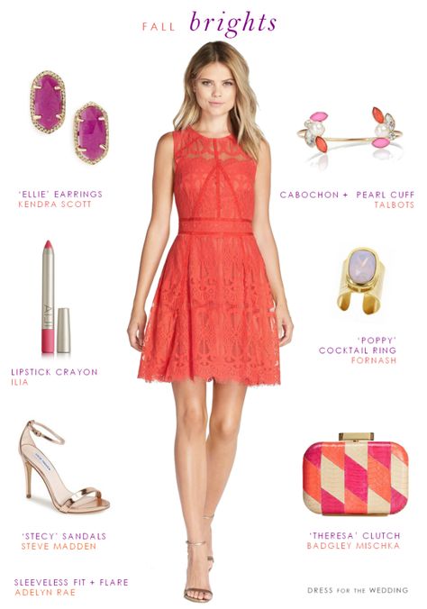 Coral Lace Dress. A fun bright coral look for a wedding guest or to wear to a fall party. Coral Dress Outfit Wedding Guest, Coral Dress Outfit Wedding, Coral Dress Outfit, Coral Dress Wedding, Dresses Images, Dress For Wedding Guest, Wedding Guess, Outstanding Outfits, Coral Bridesmaid