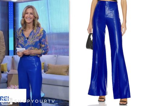 Good Morning America: June 2024 Lara Spencer's Blue Leather Pants Blue Leather Pants Outfit, Chic Blue Leather Jacket, Light Blue Faux Leather Pants, Classic Blue Long Sleeve Leather Jacket, Blue Leather Pants, Blue Leather Trench Coat, Lara Spencer, Escape The Night, Leather Pants Outfit