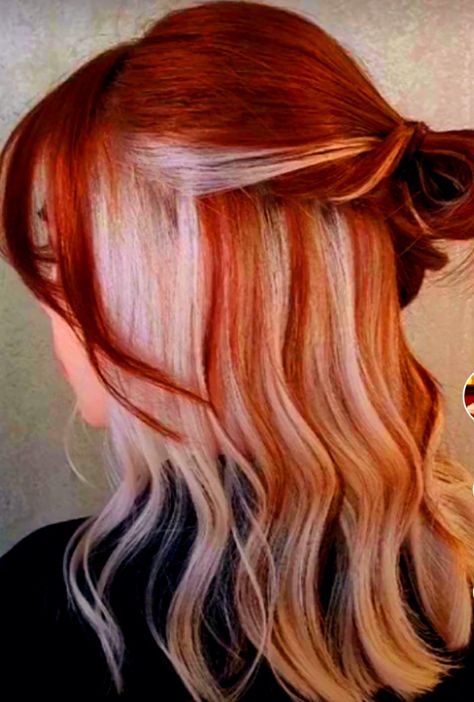 Red Narcissa Malfoy Hair, Red Roots And Blonde Hair, Ginger Hair Combinations, Peekaboo Highlights Red Hair, Orange And Blonde Hair Split, Ginger Hair With White Underneath, Ginger Hair With Underneath Color, Red Hair With White Tips, Copper Hair Underneath Brown