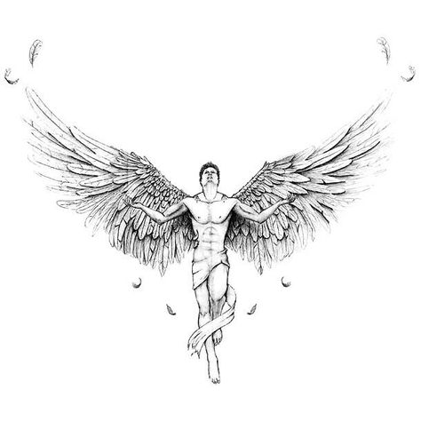 A great tattoo design of a man angel. Style: Sketch. Color: Black. Tags: Beautiful, Great Small Guardian Angel Tattoos, Guardian Angel Tattoo Designs, Angelo Guerriero, Fallen Angel Tattoo, Guardian Angel Tattoo, Angel With Wings, Archangel Tattoo, Angel Falls, Sketch Style Tattoos