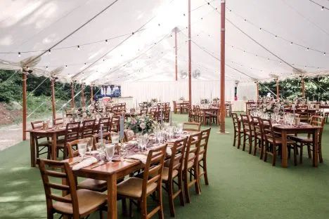 Venue Overview - Maine Barn Wedding Venue sail cloth tent Sail Cloth Tent, Maine Wedding Venues, Sail Cloth, Wooded Landscaping, Farm Wedding Venue, Beautiful Farm, Wedding Reception Locations, Affordable Wedding Venues, Outdoor Reception