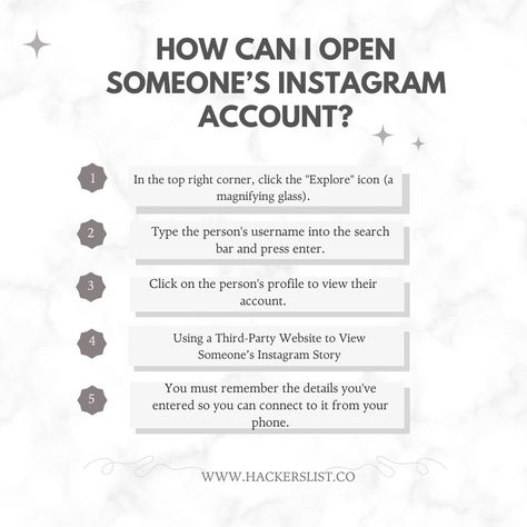 To view someone's Instagram account, you can follow these steps: Open the Instagram app on your phone or tablet, or go to instagram dot com on your computer. In the top right corner, click the "Explore" icon (a magnifying glass). Type the person's username into the search bar and press enter. Click on the person's profile to view their account. Note that you can only view an Instagram account if it is set to public. If the account is private, you How To View Private Instagram Account, Password Ideas For Instagram, Instagram Private Account, Learn Computer Science, Instagram App, Learn Computer, Secret Websites, Search Bar, Cute Selfies Poses