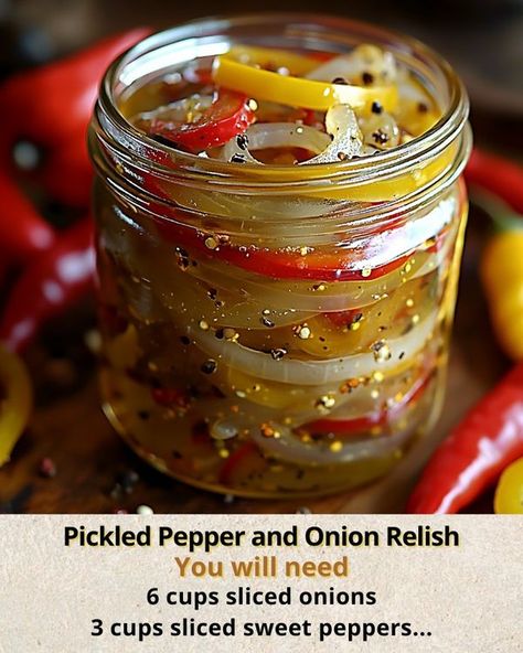 Ashley’s Recipes | Pickled Pepper and Onion Relish | Facebook Pickled Pepper And Onion Relish, Preserve Recipes, Hot Pepper Relish, Pickles Onions, Pickle Lover, Pepper Relish, Sweet Peppers, Onion Relish, Stitching Ideas