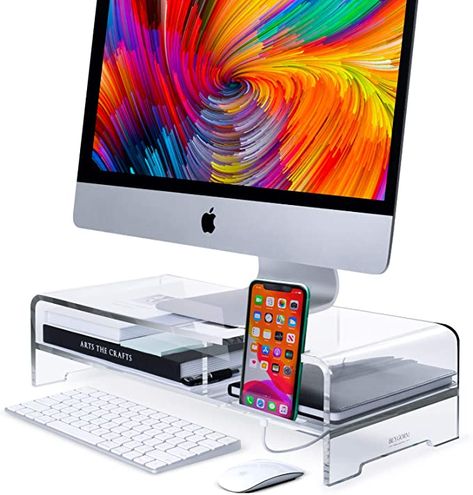 Acrylic Monitor Stand, Computer Desk Organization, Desk Organizer Shelf, Work Desk Organization, Imac Stand, Phone Stand Design, Storage Desk, Monitor Riser, Printer Stand