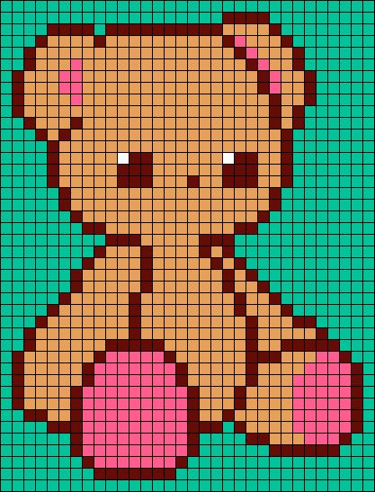 Alpha pattern #129469 | BraceletBook Alpha Pattern Pixel Art, Disney Pixel Art Easy, Teddy Bear Pixel Art, Cute Alpha Patterns, Bear Cross Stitch, Crochet Grid, Kawaii Cross Stitch, Toy Keychain, Graph Crochet