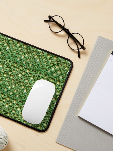 A green crocheted granny square design on a handy mouse pad. Perfect for the crochet lover, knitter, or crafter on your gift list. #crochet #knitting #yarn #knit #mousepad #computers #tech #office #home #grannysquare Tech Office, Crochet Mouse, Crochet Lovers, Crochet Knitting, Gift List, Office Home, Square Design, Crochet Yarn, Knitting Yarn