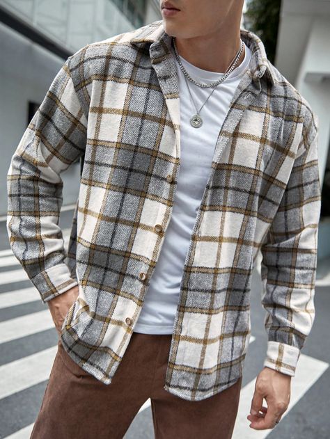 Multicolor Casual Collar Long Sleeve Woven Fabric Plaid Regular Embellished Non-Stretch  Men Clothing 50 Degree Weather Outfit Men, Mens 60s Outfits, Rainy Day Outfit Men, Winter Fashion For Men, Fall Outfits For Men, Mens Layering, Mens Fall Outfits, Mum Style, Drop Shoulder Coat