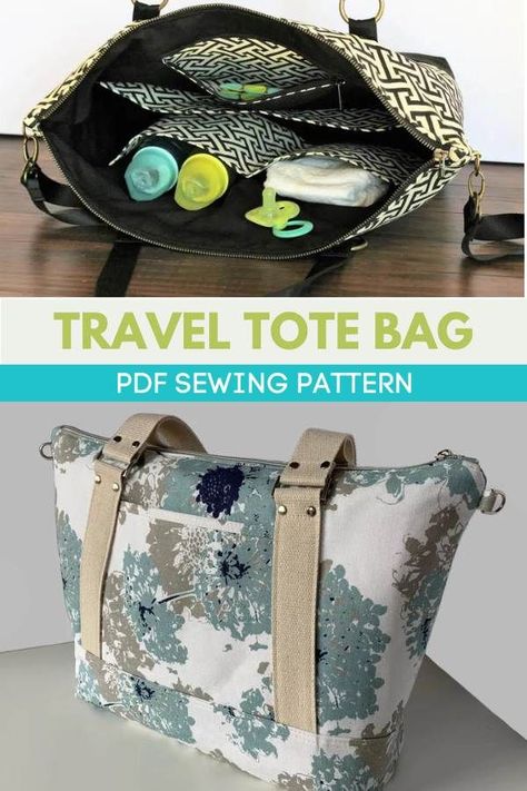 Travel Tote Bag sewing pattern. A Tote Bag pattern that makes organization easy. Contains many large interior/exterior pockets. The top zip closure keeps everything safe inside the bag. The 2 exterior slip pockets keeps important items within easy reach. The fully lined interior contains 5 pockets (1 zippered). Large tote bag sewing pattern. SewModernBags Zippered Tote Bag Pattern, Diaper Bag Sewing Pattern, Large Tote Bag Pattern, Tote Bag Sewing Pattern, Easy Tote Bag, Clutch Bag Pattern, Tote Bag Sewing, Embroidery Easy, Tote Bag Pattern Free