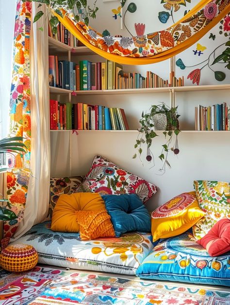 25 Stunning Boho Reading Nook Ideas for Book Lovers - Home Made Graceful Cozy Reading Nook Floor, Boho Book Nook, Reading Corner Kids Bedroom, Nook Design, Cute Reading Corners, Reading Corner For Kids, Boho Reading Corner, Nook Decorating Ideas, Floor Reading Nook