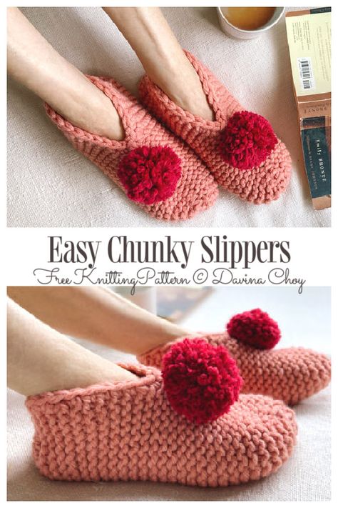 Free Knitted Slippers Pattern, How To Knit Slippers, Easy Knit Slippers Pattern Free, Free Knit Slipper Patterns, Knitting Slippers, Knitting Pattern Slippers, Free Slipper Knitting Patterns, Knit Slipper Pattern, Chunky Knit Slippers Free Pattern