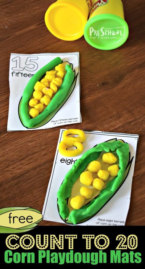 FREE Count to 20 Corn Playdough Mats - super cute, fun, and free printable hands on math activity to help preschool, prek, and kindergarten age kids practice counting to 20 while having fun with play dough #counting #playdough #preschool Preschool Harvest, Harvest Activities, Thanksgiving Activities Preschool, Fish Crackers, Thanksgiving Games For Kids, Counting To 20, Counting For Kids, Counting Activity, Free Games For Kids