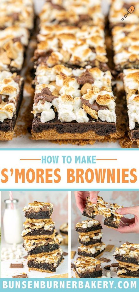 You can't go wrong with the classic combination of S'mores and brownies! This S'mores Brownies recipe features a chewy brownie base, a crunchy graham cracker crust, and a layer of gooey marshmallows on top. It's a match made in dessert heaven! S’more Brownies, Smore Brownies, Baked Smores, Easy Smores, Smores Brownies, Smore Recipes, Fudgy Brownie Recipe, Brownies Recipe Homemade, Oreo Brownies