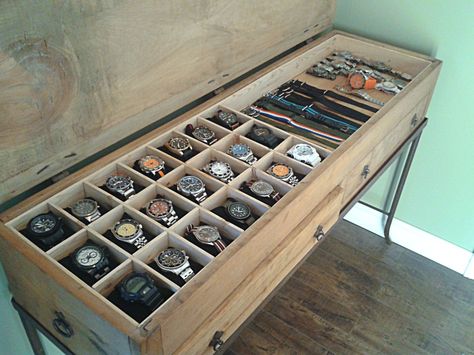 Homemade watch boxes Watch Organizer Diy, Edc Storage, Watch Display Case, Mens Watch Box, Watch Diy, Watch Organizer, Diy Display, Watch Stand, Watch Holder