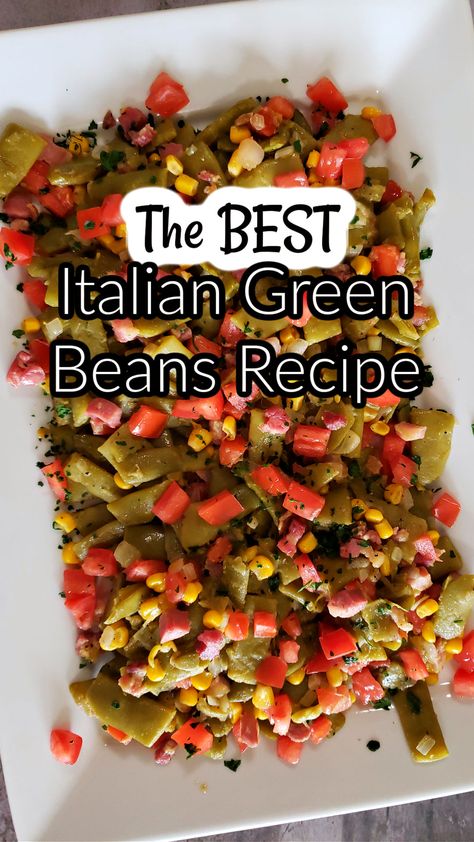 Dive into my mouthwatering Southern style Italian Green Beans recipe, y'all! These beans are loaded with savory pancetta, sweet onion, golden corn, and a blend of flavorful seasonings. And let's not forget those juicy diced Roma tomatoes adding a burst of freshness to every bite! Get ready to savor the flavors of the South with a touch of Italian amore! Italian Green Beans Recipe, Fresh Green Bean Recipes, Italian Green Beans, Green Bean Recipe, Grilled Chicken Pasta, Recipes Beans, Italian Side Dishes, Baked Greek Chicken, Pancetta Recipes