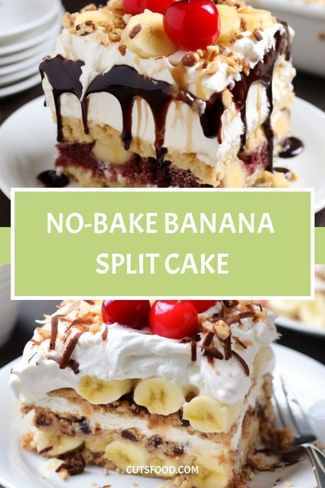 No-Bake Banana Split Cake Banana Split Cake Recipe, Bake Banana, Banana Split Cake, Split Cake, Banana Split Dessert, Clean Eating Desserts, Dessert Bar Recipe, Cracker Crust, Easy No Bake Desserts