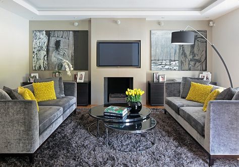 Plush rug brings visual coziness to the elegant living space Yellow Living Room Furniture, Grey Painted Rooms, Grey And Yellow Living Room, Yellow Decor Living Room, Gray Living Room Design, Living Room Decor Gray, Black Living Room, Yellow Room, Yellow Living Room