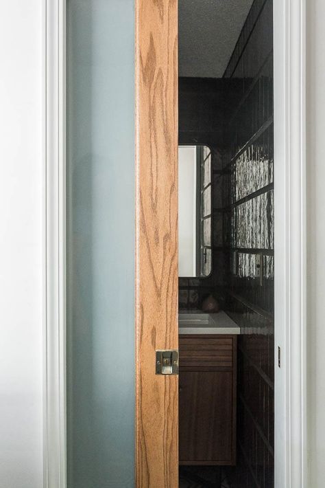 Soft Close Pocket Door Installation - Bigger Than the Three of Us Mid Century Pocket Door, Bathroom Pocket Door, Pocket Door Bathroom, Pocket Doors Bathroom, Pocket Door Installation, Glass Pocket Door, Modern Boho Bathroom, Modern Powder Room, Brown Doors