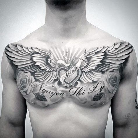 Memorial Guys Wing Heart Upper Chest Tattoo Ideas Chest Tattoo Wings, Chest Tattoo Drawings, Tato Flash, Full Chest Tattoos, Cool Chest Tattoos, Pieces Tattoo, Chest Tattoos, Chest Tattoos For Women, Chest Piece Tattoos