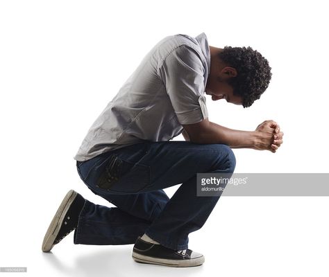 Young Man Praying On His Knees Stock Photo | Getty Images Kneeling Over Someone Pose, Kneeling Photography, Person Kneeling Drawing Reference, Man On Knees Pose Drawing, Kneeling Pose Reference, Man Kneeling, Man Praying, On His Knees, Figure Reference