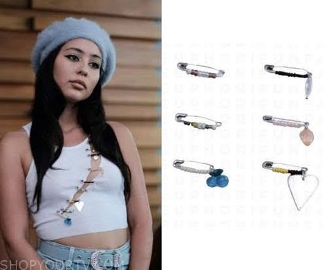 To the left Maddy Perez, a character in tv show Euphoria. She wears a powder blue beret hat, a white cropped tank top with a cut out across the front that is held together with glass beaded safety pins. To the right is an image of the safety pins from Chloe. Bb Euphoria Outfits, Euphoria Maddy Room, Euphoria Aesthetic Outfits Maddy, Maddie Perez Euphoria Outfits, Maddy Euphoria Outfits Party, Maddy Perez Style, Safety Pin Tank Top, Degrassi Fashion, Maddy Perez Outfits