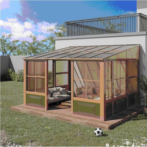 Add fun to your outdoor space with this wall mounted solarium sunroom. This extension will provide you with a space for your beloved family and friends to gather, dine and relax, or it can be the perfect place for your spa. This addition to your outdoor living space will shelter you from the elements for years to come while adding value to your property. The unit can be left in place all year round, saving you the hassle of installing and removing it at the end of the season. Constructed from an aluminium frame, this wall-mounted solarium features elegantly reinforced roof panels and sliding doors. The Richryce solarium has been carefully designed to withstand rain, snow and UV rays. Huge Outdoor Living Space, Patio Enclosure Ideas On A Budget, Japanese Patio, Entry Patio, Camping Gazebo, Diy Backyard Patio, Grill Gazebo, Hardtop Gazebo, Patio Enclosures