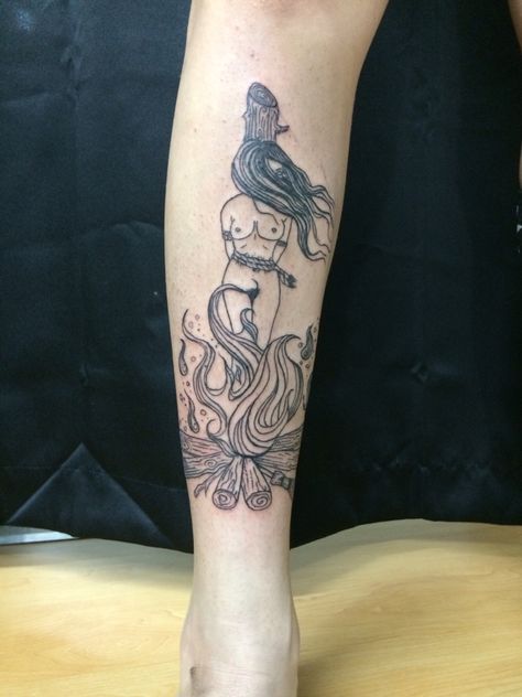 My burning witch past life tattoo done at Creative Canvas Tattoo! So in love! Woman Burning At Stake Tattoo, Let It Burn Tattoo, Burning Woman Tattoo, Burning At The Stake Tattoo, Witches Dancing Around Fire Tattoo, Stake Tattoo, Witch Burning Tattoo, Burning Witch Tattoo, Girl On Fire Tattoo