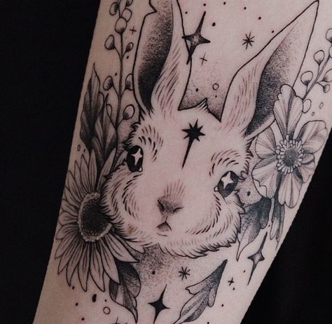 Sketch Like Tattoos, 321 Tattoo, Goth Rabbit Tattoo, Unique Womens Tattoos, Cute Dark Tattoos, Rabbit Head Tattoo, Cat Tattoo Hand, Creature Tattoo Ideas, Ghoul Tattoo Ideas