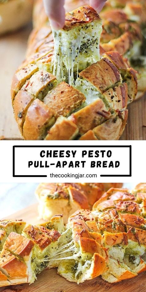 There’s plenty of cheese action in this cheesy pesto pull-apart bread. Feed a crowd with this easy 4 ingredient appetizer. Cheesy Pesto Pull Apart Bread, Cheesy Bread Appetizer, Basil Pesto Bread, Pull Apart Bread Appetizer, Cheesy Pesto Bread, Pull Apart Cheese Bread, Cheese Pull Apart, Pull Apart Garlic Bread, Cheesy Pull Apart Bread