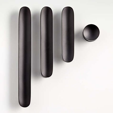 Modern Drawer Pulls & Cabinet Handles for Kitchen | Crate & Barrel Kitchen Knobs And Pulls, Modern Drawer Pulls, Black Cabinet Hardware, Matte Black Kitchen, Black Drawer Pulls, Kitchen Drawer Pulls, Bathroom Cabinetry, Kitchen Knobs, Modern Hardware