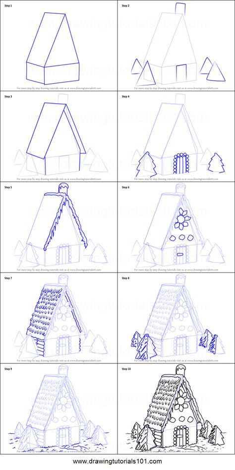 Draw Gingerbread House printable step ... House Tutorial Drawing, How To Draw A Cottage Step By Step, Drawing Houses Step By Step, Draw Gingerbread House, How To Draw Houses, How To Draw A House, Christmas House Drawing, House Drawing Tutorial, Gingerbread House Printable