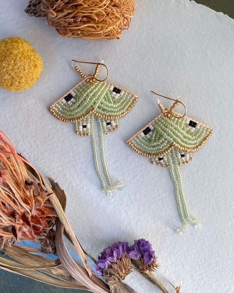 Studio Ghibli Beaded Earrings, Luna Moth Beaded Earrings, Beaded Moon Pattern, Luna Moths, 10 Percent Off, Special Earrings, Beadwork Ideas, Seed Bead Projects, Seed Bead Jewelry Patterns