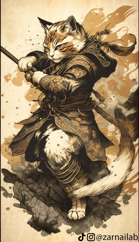 Personified Animals, Samurai Cat Tattoo, Samurai Animal, Cat Samurai, Vampire Demon, Kitten Tattoo, Chat Design, Samurai Wallpaper, Samurai Tattoo