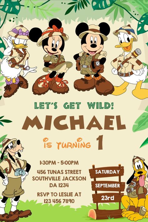 Mickey Safari Birthday Invtation Template Canva 1 This is an editable Canva digital invitation. Safari Mickey Mouse Party Invitations, Mickey Mouse Safari Invitations, Safari Birthday Invitation Template, Mickey Safari Birthday, Mickey Invitations, Safari Birthday Invitation, Jungle Invitations, Mickey Mouse Themed Birthday Party, Safari Invitations