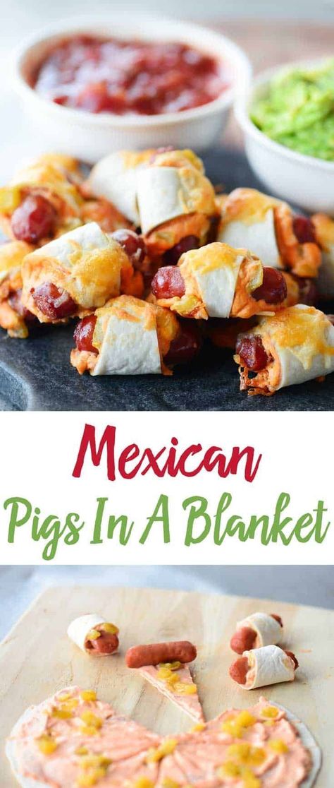 These Mexican Pigs In A Blanket are easy to make, full of flavor, and delicious dipped in salsa and guacamole. One of the MOST POPULAR appetizers just got even better with a MEXICAN TWIST! They are perfect for parties, celebrations, and game day. #mexicanrecipes #pigsinablanket #appetizers Mexican Finger Foods, Salsa And Guacamole, Fingerfood Baby, Mexican Appetizers, Brie Bites, Mexican Snacks, Popular Appetizers, Fingerfood Party, Taco Bar