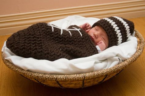 Newborn Crocheted Football Cuddle Sack and Matching Hat, Photo Prop, Newborn, Baby Gift on Etsy, $30.00 Crochet Baby Football, Football Crochet, Newborn Football, Newborn Crochet Photo Props, Crochet Football, Crochet Hats For Boys, Crochet Cocoon, Crochet Baby Cocoon, Baby Cocoon