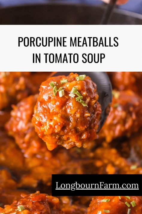 Porcupine Meatballs in Tomato Sauce - Classic Recipe! Porkie Pine Meatballs Ground Beef, Porcupine Meatballs Tomato Soup, Slow Cooker Tomato Soup, Meatballs In Tomato Sauce, Porcupine Meatballs, Ground Beef Rice, Condensed Tomato Soup, Beef Rice, Slow Cooker Meatballs