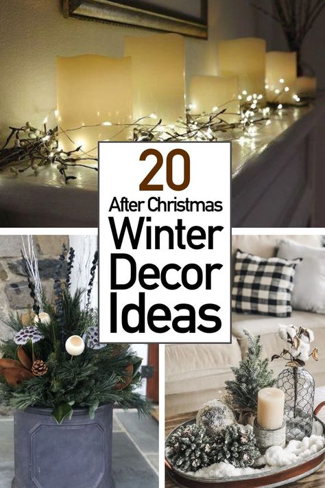 Winter Orderves, Oak Mantel Decorating Ideas, Winter Decor After Christmas House, Winter Decor For Mantle, Winter Tabletop Decor Ideas, Indoor Winter Decorating Ideas, Winter Snow Decorations, January Farmhouse Decor, Winter Decor Non Christmas