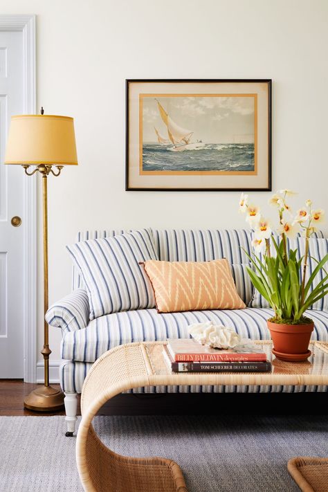 Chauncey Boothby's Connecticut Family Home Chauncey Boothby Interiors, Lee Industries Sofa, Striped Couch, Ikea Coffee Table, Striped Sofa, Colourful Living Room, Brown Furniture, Preppy Room, A Living Room