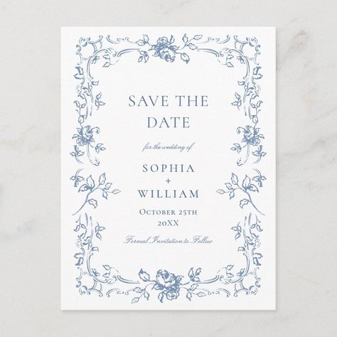 Elegant Blue French Toile Wedding Save the Date Wedding Decorations Theme, Wedding Color Palate, Vintage Botanical Wedding, Unique Save The Date Ideas, Toile Wedding, Romantic Backyard Wedding, Blue Save The Date, Wedding Stationary Ideas, Heather Wedding