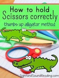 How to Hold Scissors:  Cute method to teach children how to hold the scissors:  Thumbs up, Alligator! Scissor Skills Preschool, Preschool Fine Motor Skills, Preschool Fine Motor, Fine Motor Skills Activities, Motor Skills Activities, Skills Activities, Teaching Preschool, Fine Motor Activities, Homeschool Preschool